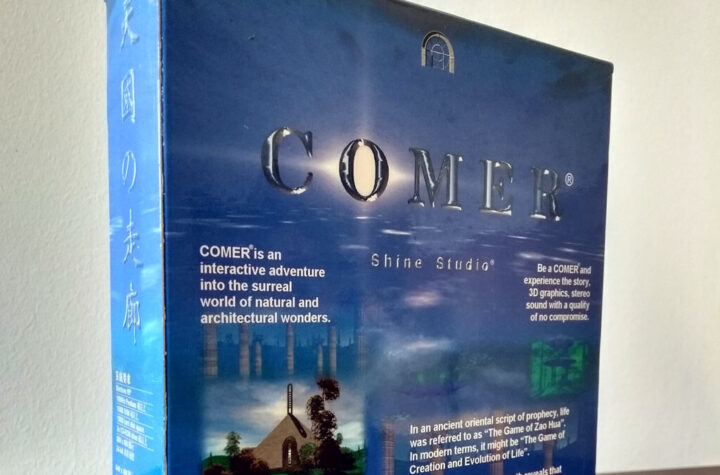 The box for Comer by Shine Studio. The front of the box reads: “COMER is an interactive adventure into the surreal world of natural and architectural wonders. Be a COMER and experience the story, 3D graphics, stereo sound with a quality of no compromise. In an ancient oriental script of prophecy, life was referred to as ‘The Game of Zao Hua.’ In modern terms, it might be ‘The Game of Creation and Evolution of Life.’ The study of prehistoric earth reveals that there were periods of lifeforms such as that of dinosaurs and that of mammals. Usually in a drastic ‘Bang!’, one period ended, lives were wiped out, new cycle started. Here and now, another ‘Bang!’ is taking shape...”