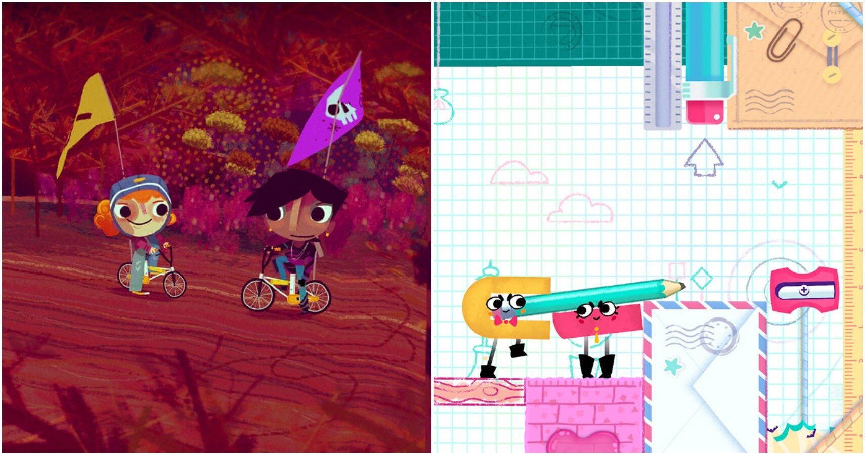 Screenshots from Knights and Bikes (left) and Snipperclips (right)
