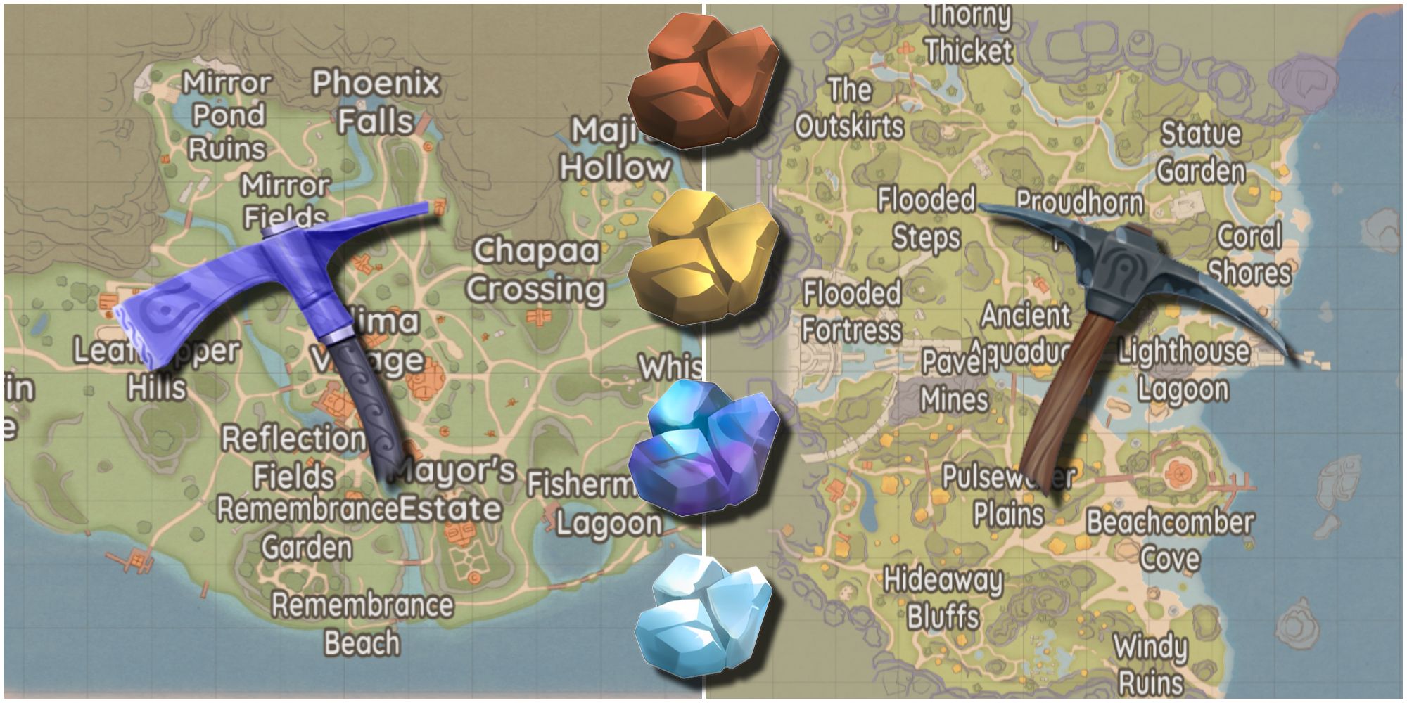 The map of Kilima and Bahari Bay with four ores and two picks needed for mining in these specific locations