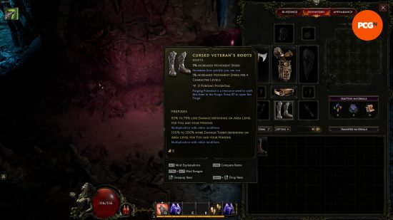 Last Epoch Cursed Veteran's Boots stats - The item, which causes you to deal less damage and take more while worn.