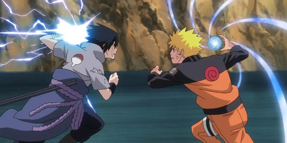 Sasuke and Naruto using their Rasengan and Chidori Jutsu against one another 