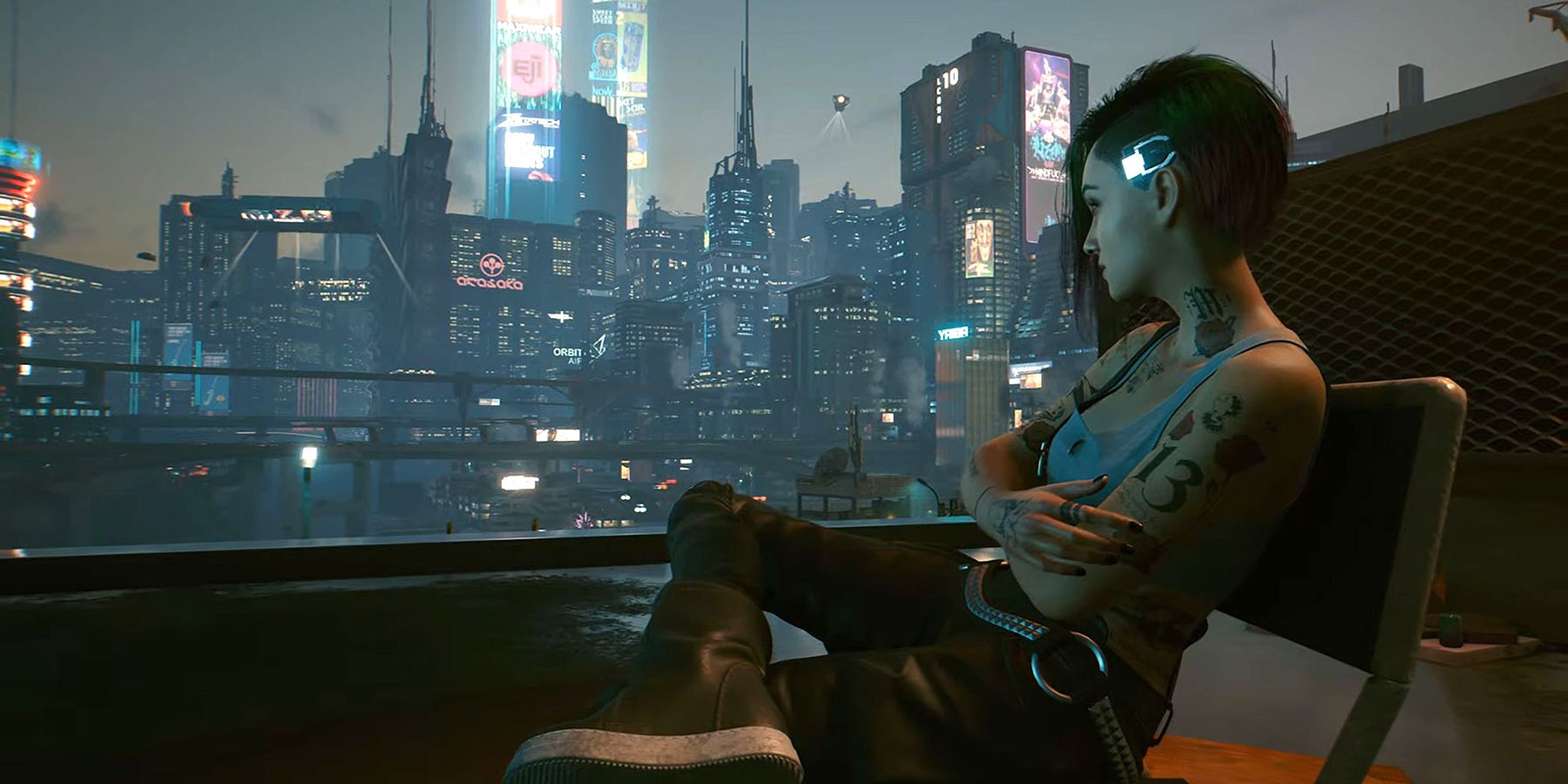 cyberpunk 2077 V sitting looking over night city