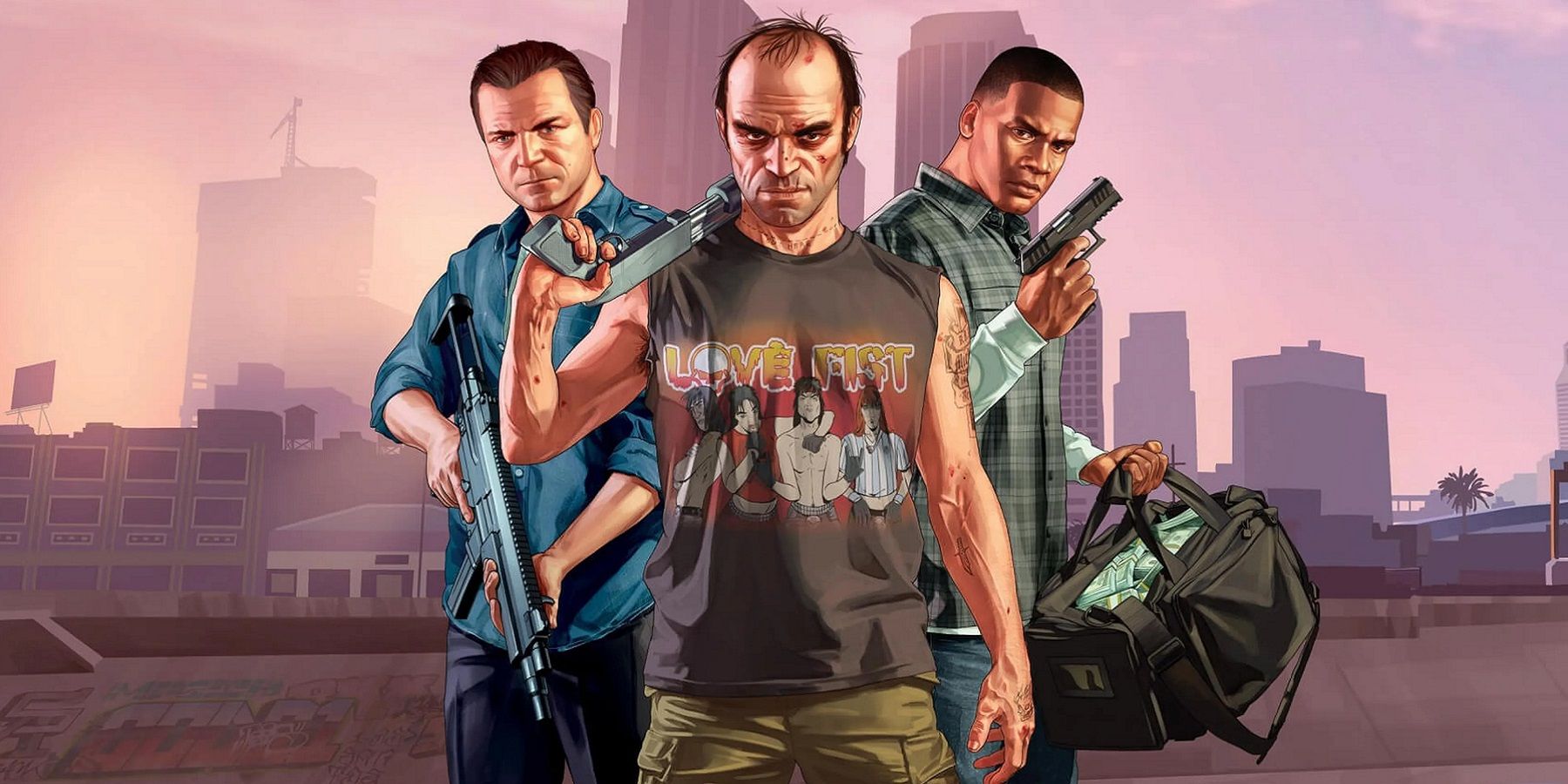 Image from Grand Theft Auto 5 showing Michael, Trevor, and Franklin all holding guns.