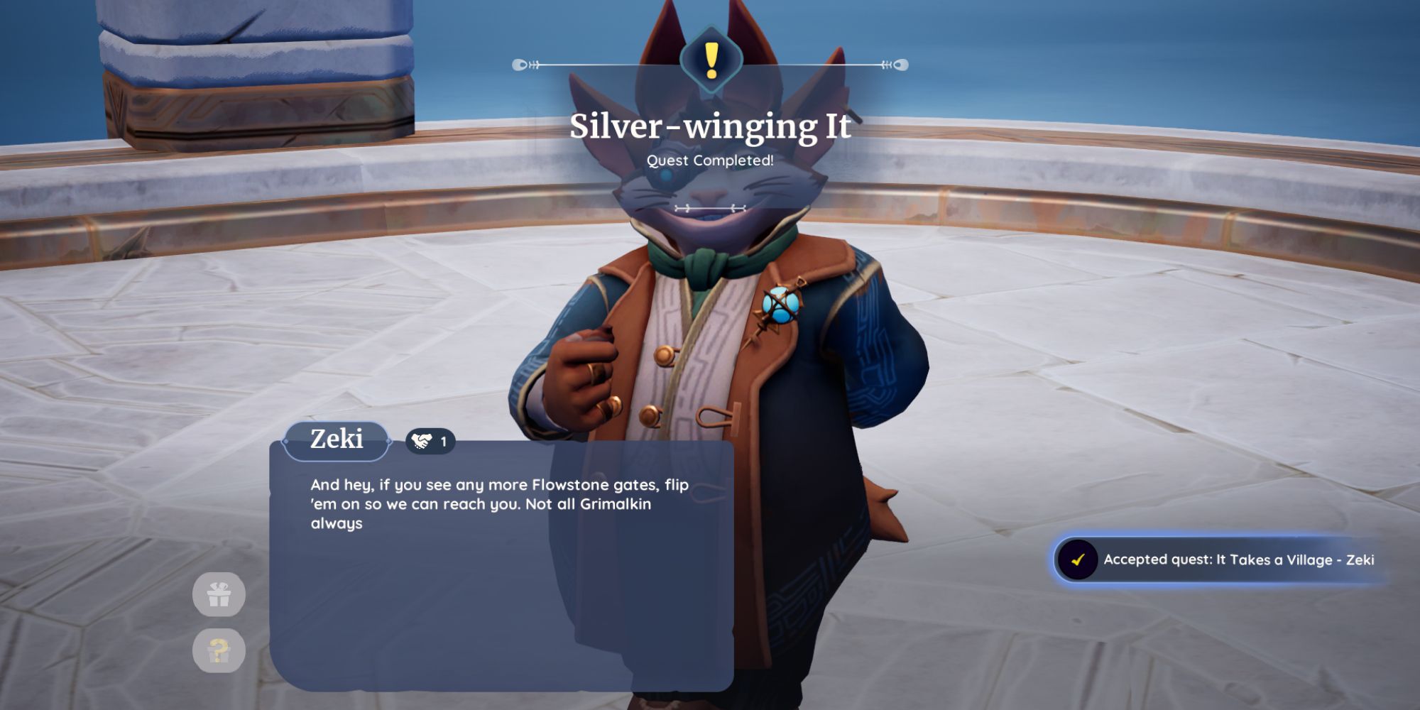 Dialogue with Zeki and the introduction to the Silver-Winging It quest
