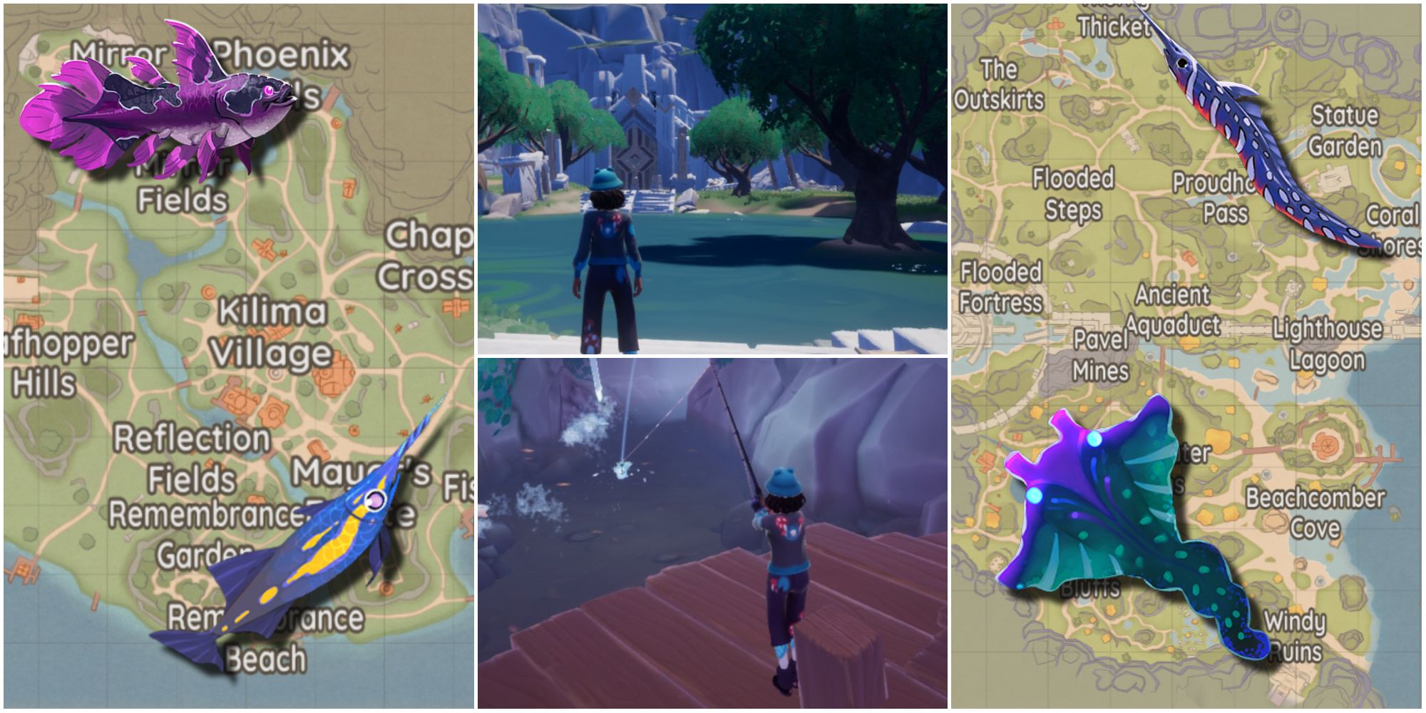 Two maps, several epic fish, and characters fishing in the Best Fishing Locations in the game