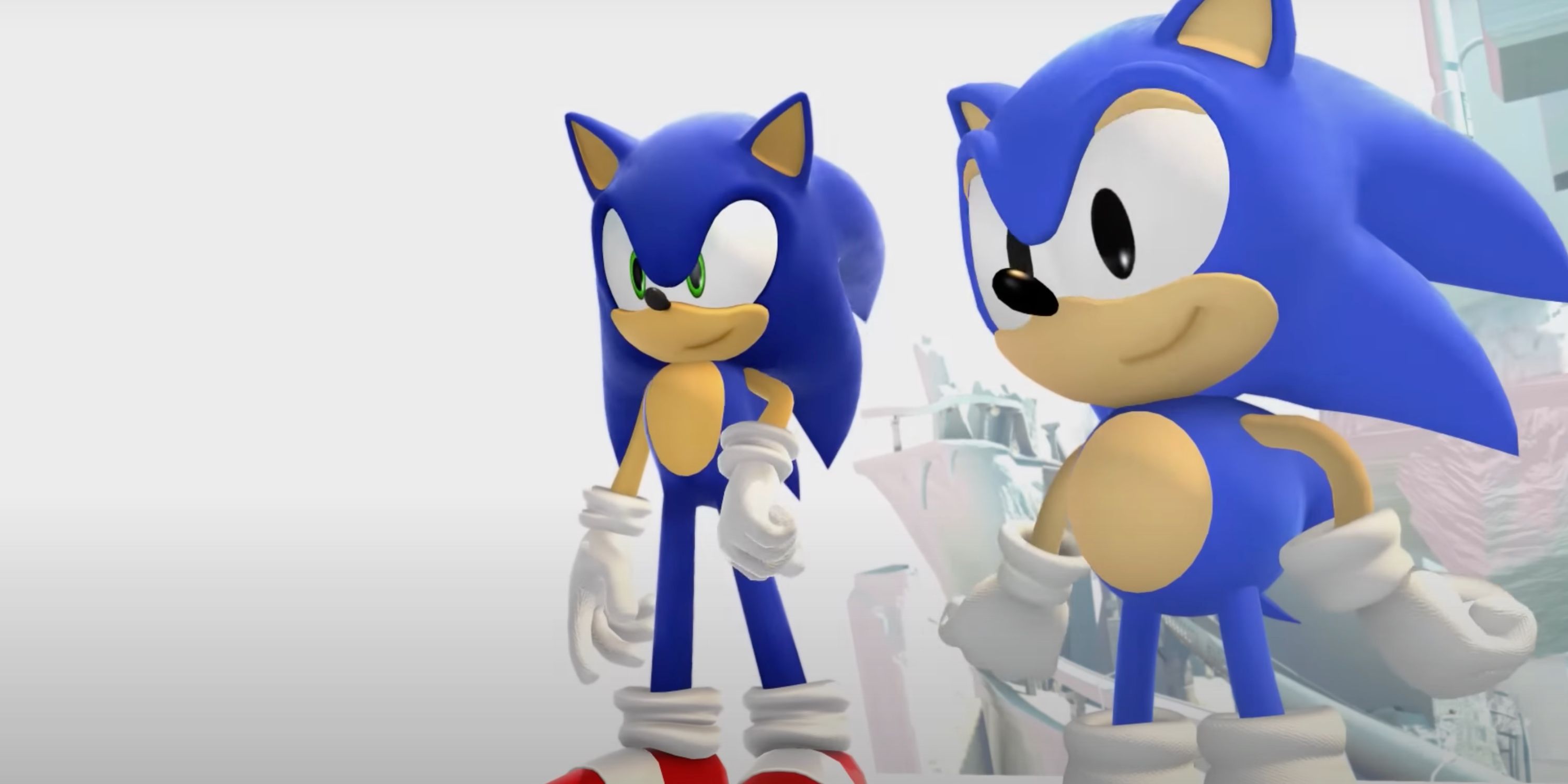 modern and classic sonic standing side by side in sonic generations 