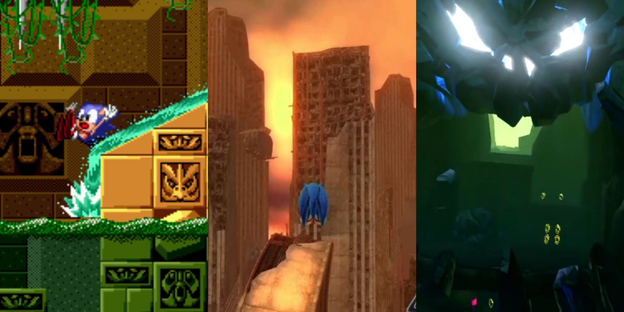 Screenshot of sonic slipping down a stream of water, staring at a dystopian world and rock formations looking like a scary face