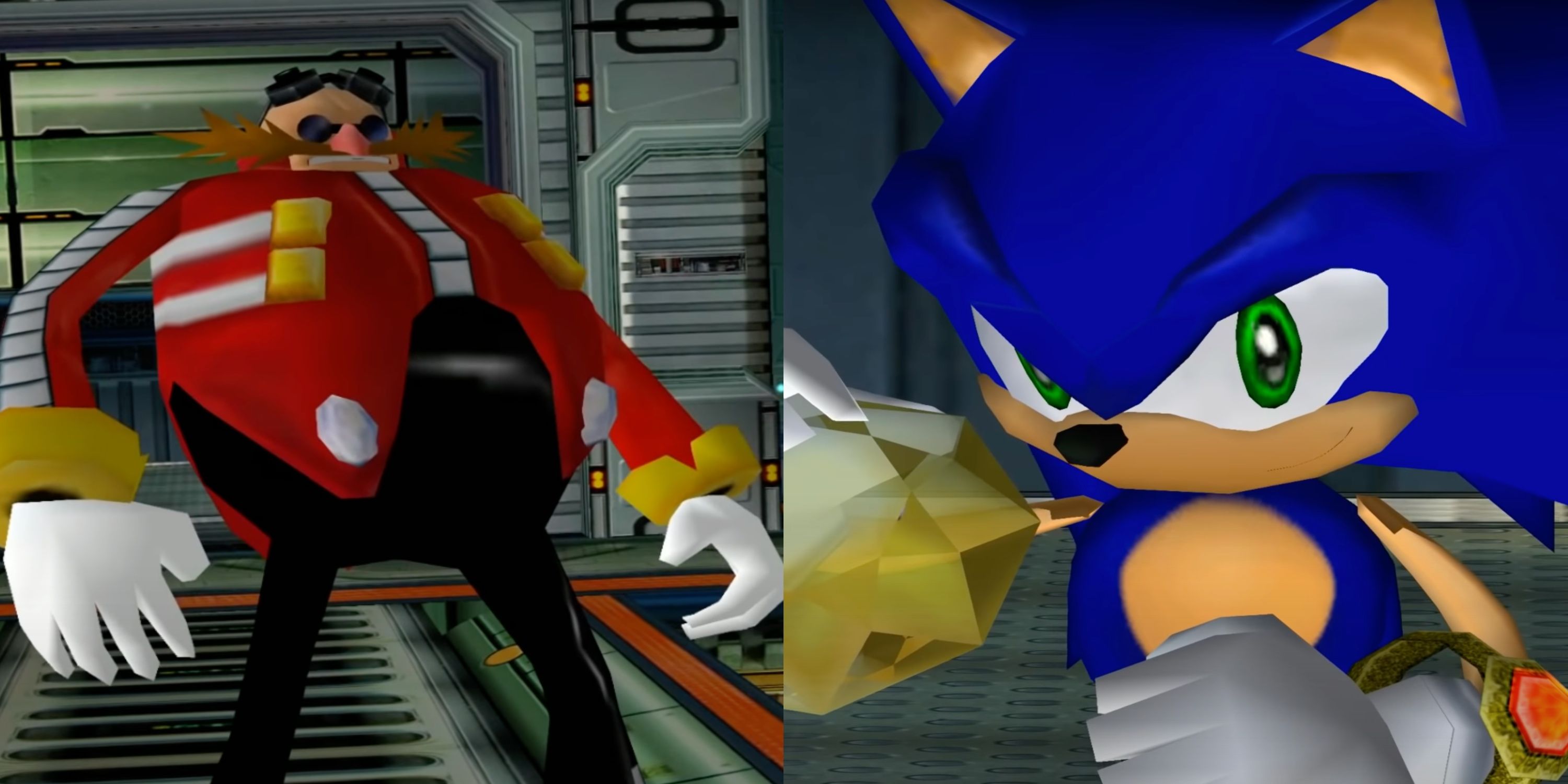 split image of eggman gritting his teeth and sonic holding a chaos emerald and smirking