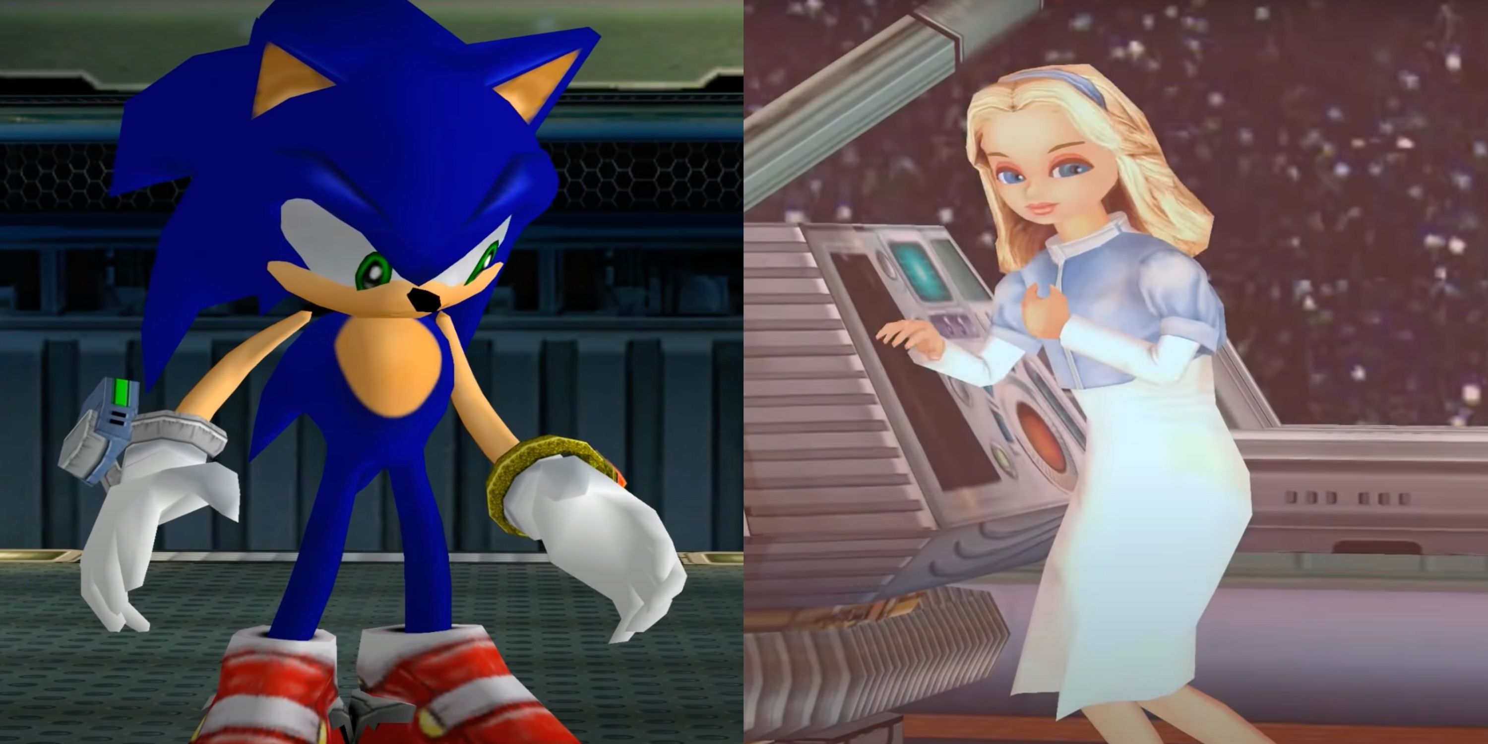 split image of sonic with his head down looking sad, and Maria robotnik with a gentle smile on her face