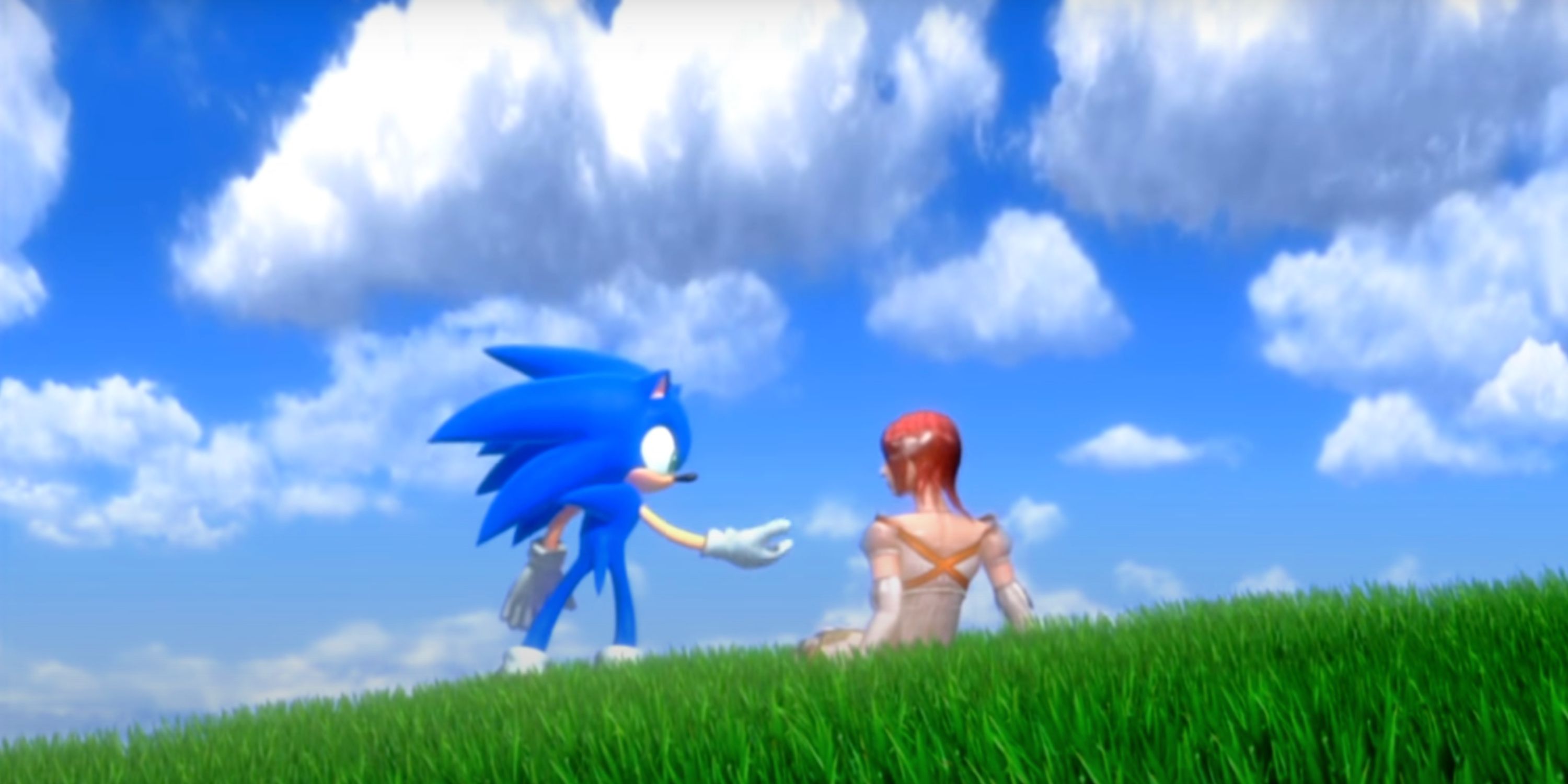 sonic holds out an outstretched hand to princess Elise who's sitting down in a meadow