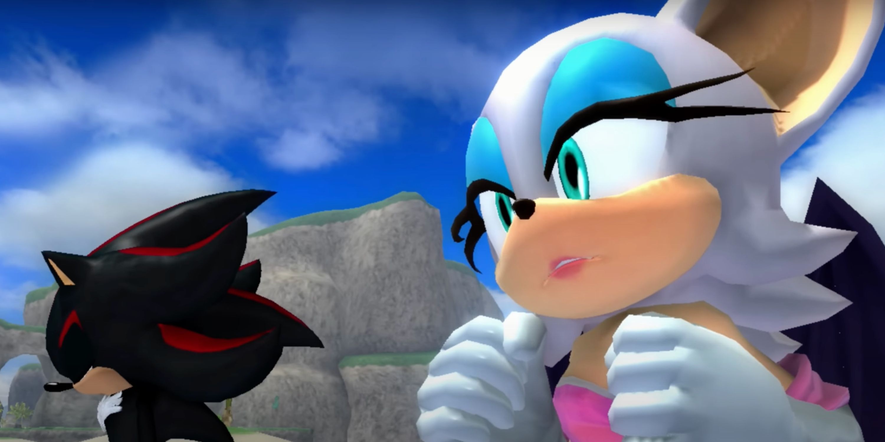 rouge in the foreground, with shadow next to her, his head down and eyes closed, from sonic 06