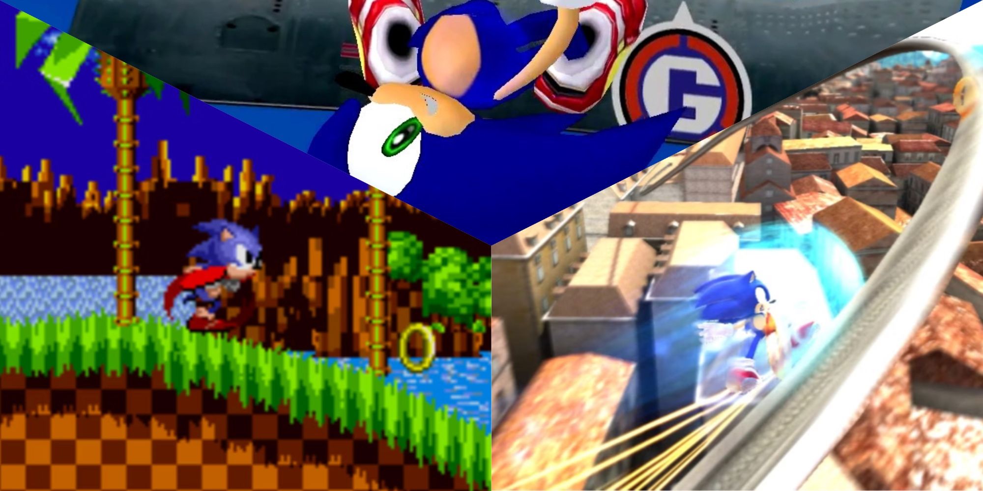 Screenshots of: 1. Sonic running through green Hill zone 2. on a grind rail through a town, 3. upside-down on a 'snowboard'
