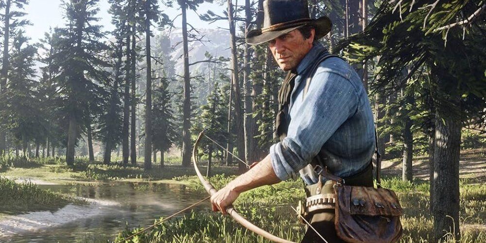 Arthur with a hunting bow next to a lake 