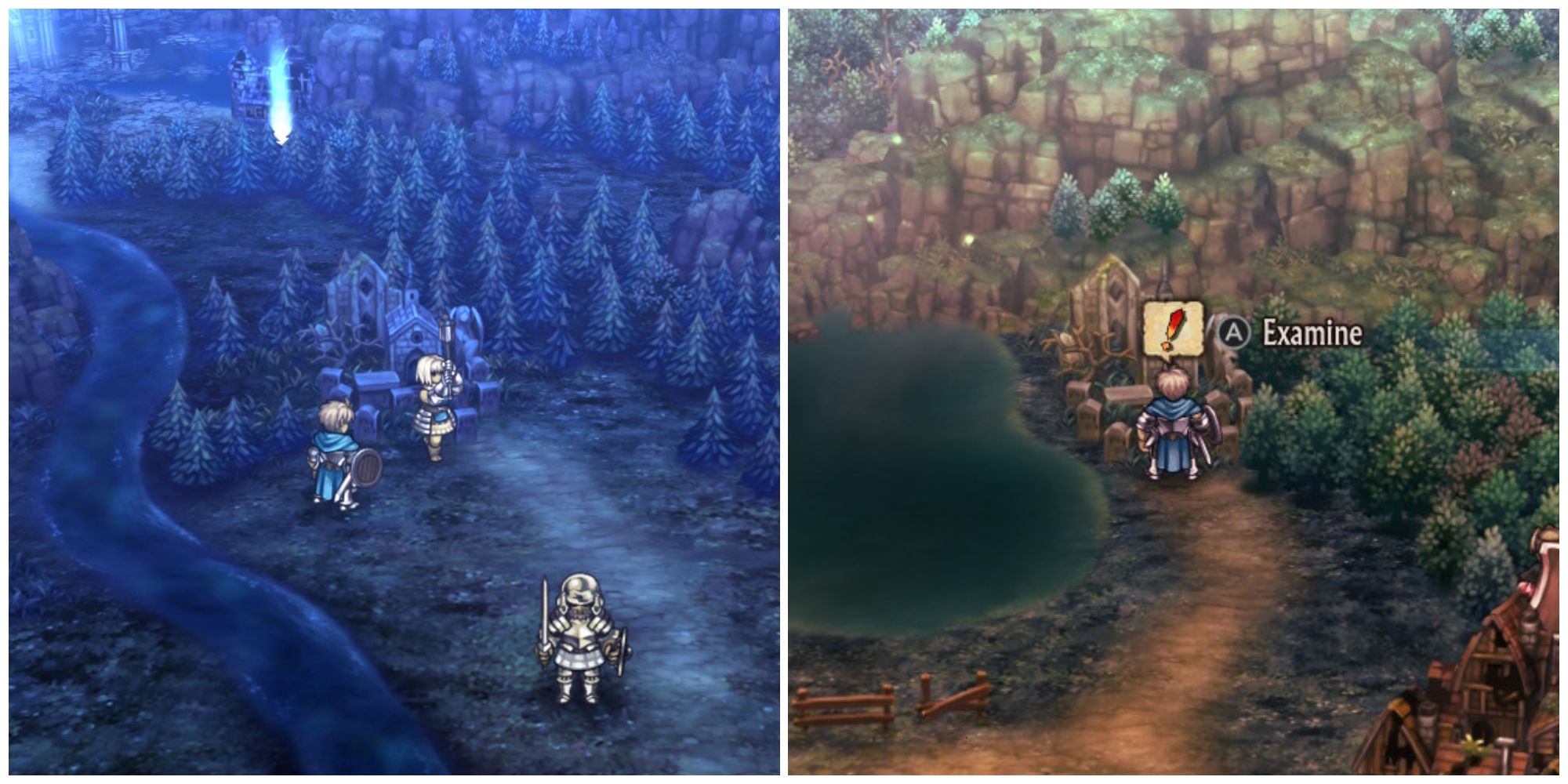 Split image of Sharon visiting a cemetery with Alain, and Alain outside another cemetery in Unicorn Overlord