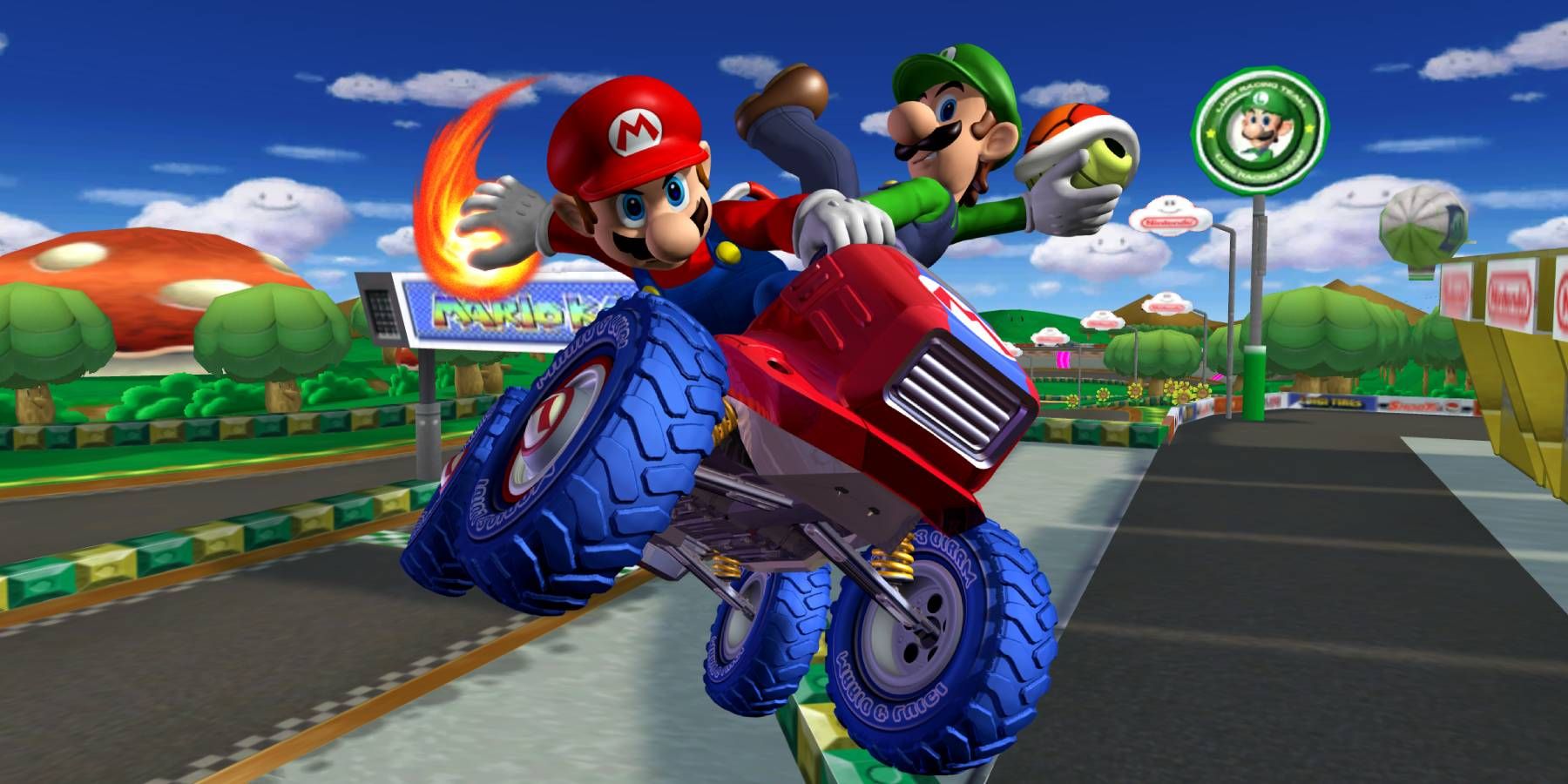 Mario and Luigi in the Red Fire on Luigi Circuit from Mario Kart: Double Dash
