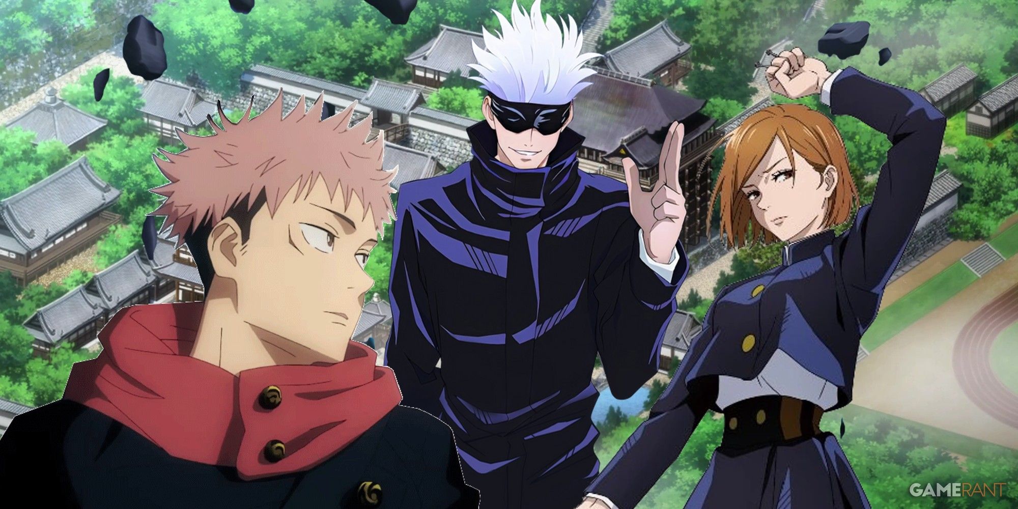Yuji, Satoru, and Nobara in front of Jujutsu High
