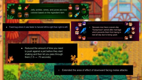 Stardew Valley 1.6 updates: a collection of iamges of the SV 1.6 patch notes