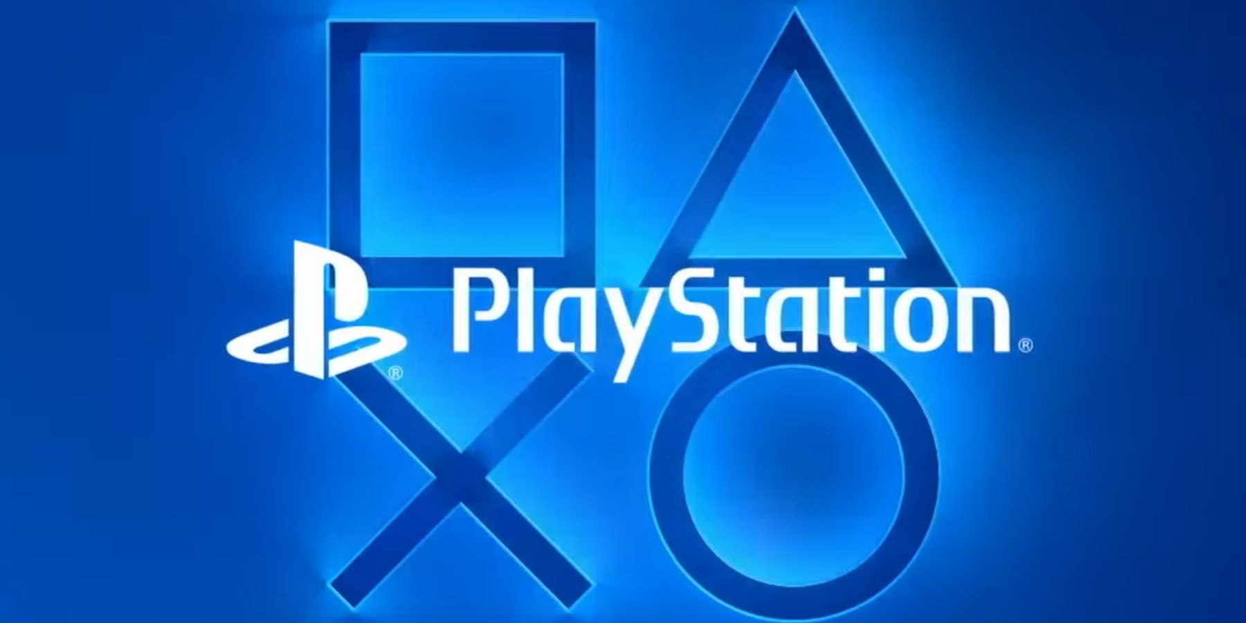 A white PlayStation logo and text in front of the four button symbols against a blue background.