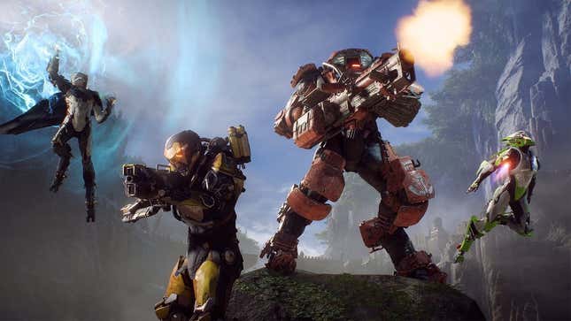 A key art image of Bioware's Anthem, featuring four figures in a variety of colorful robotic armor.