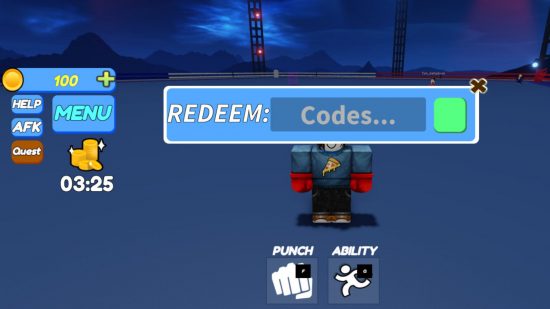 Punch Ball codes redemption screen in the arena