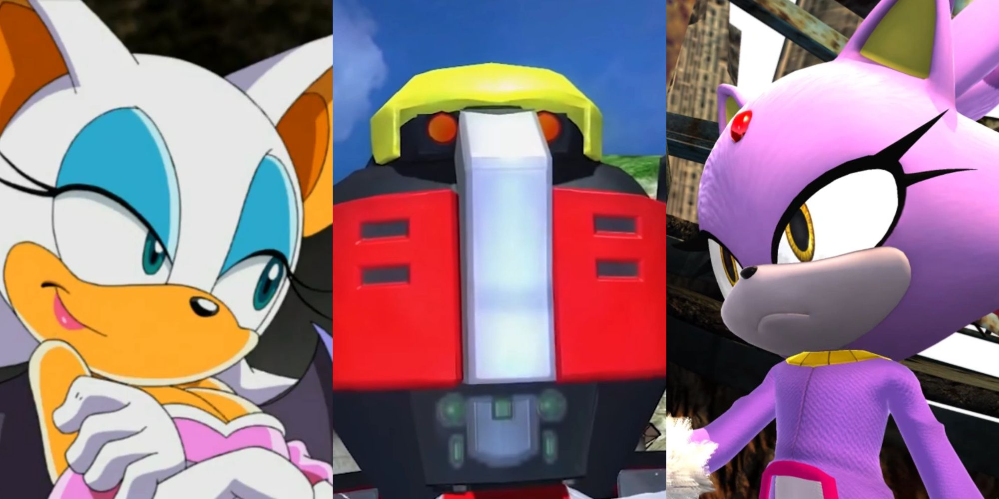 A split image with Rouge The Bat, E-123 Omega, and Blaze The cat