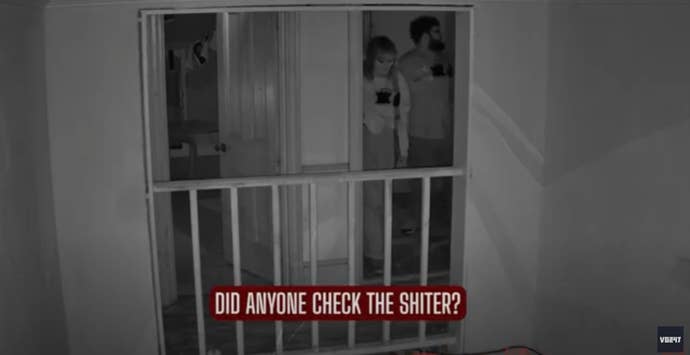 Nighttime CCTV footage of the VG247 team exploring a haunted house, with the subtitle 