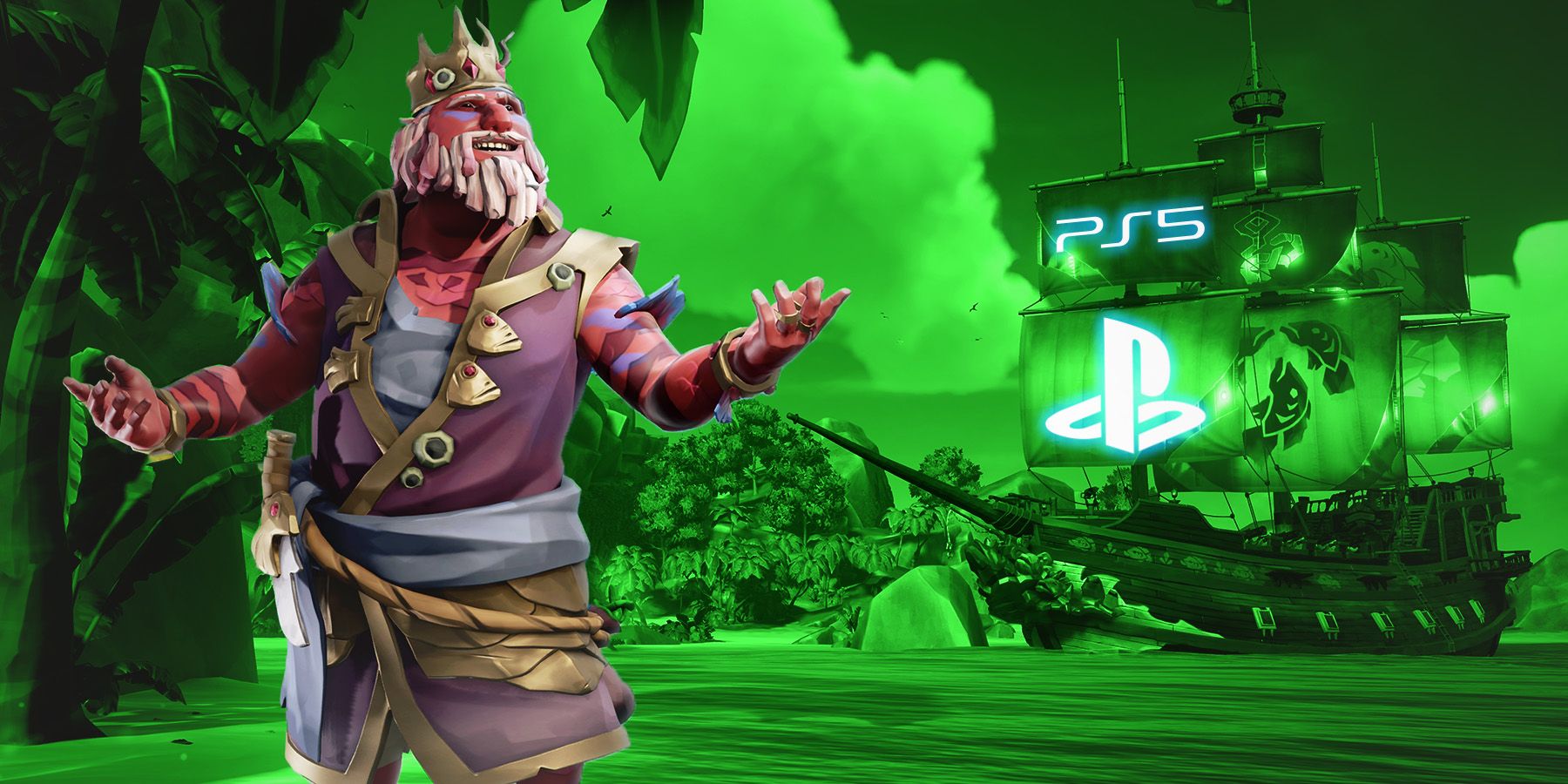 Sea of Thieves character looking happy at boat with PS5 and PlayStation logo emblem flags Xbox green filter background