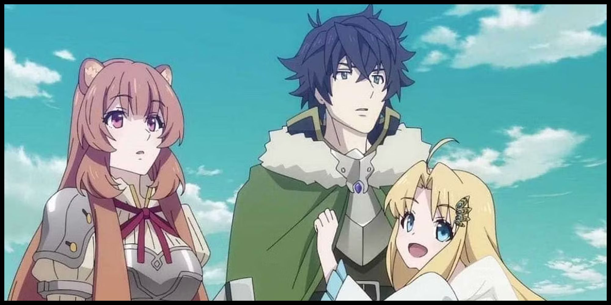 The Rising of the Shield Hero - Naofumi and his party looking off screen