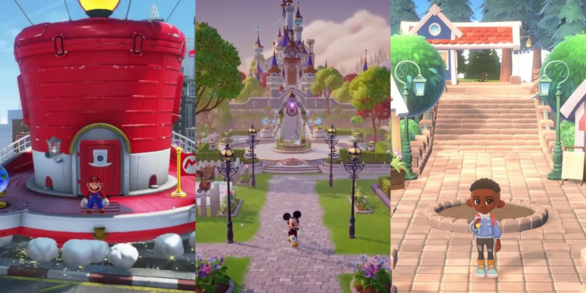 Mario and Ship in Super Mario Odyssey, Mickey on the streets in Disney Dreamlight Valley, character and houses in Hokko Life