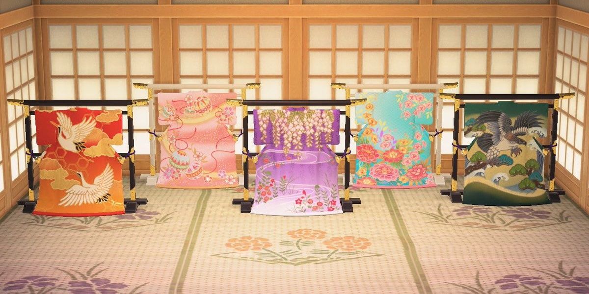 Animal Crossing New Horizons Elaborate Kimono multicolored in eastern themed room