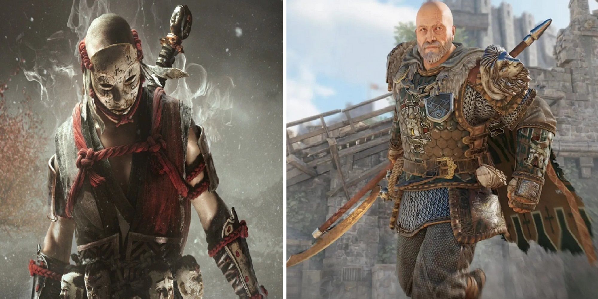 Split image For Honor promotional images of Hitokiri and Gryphon heroes Samurai Knight