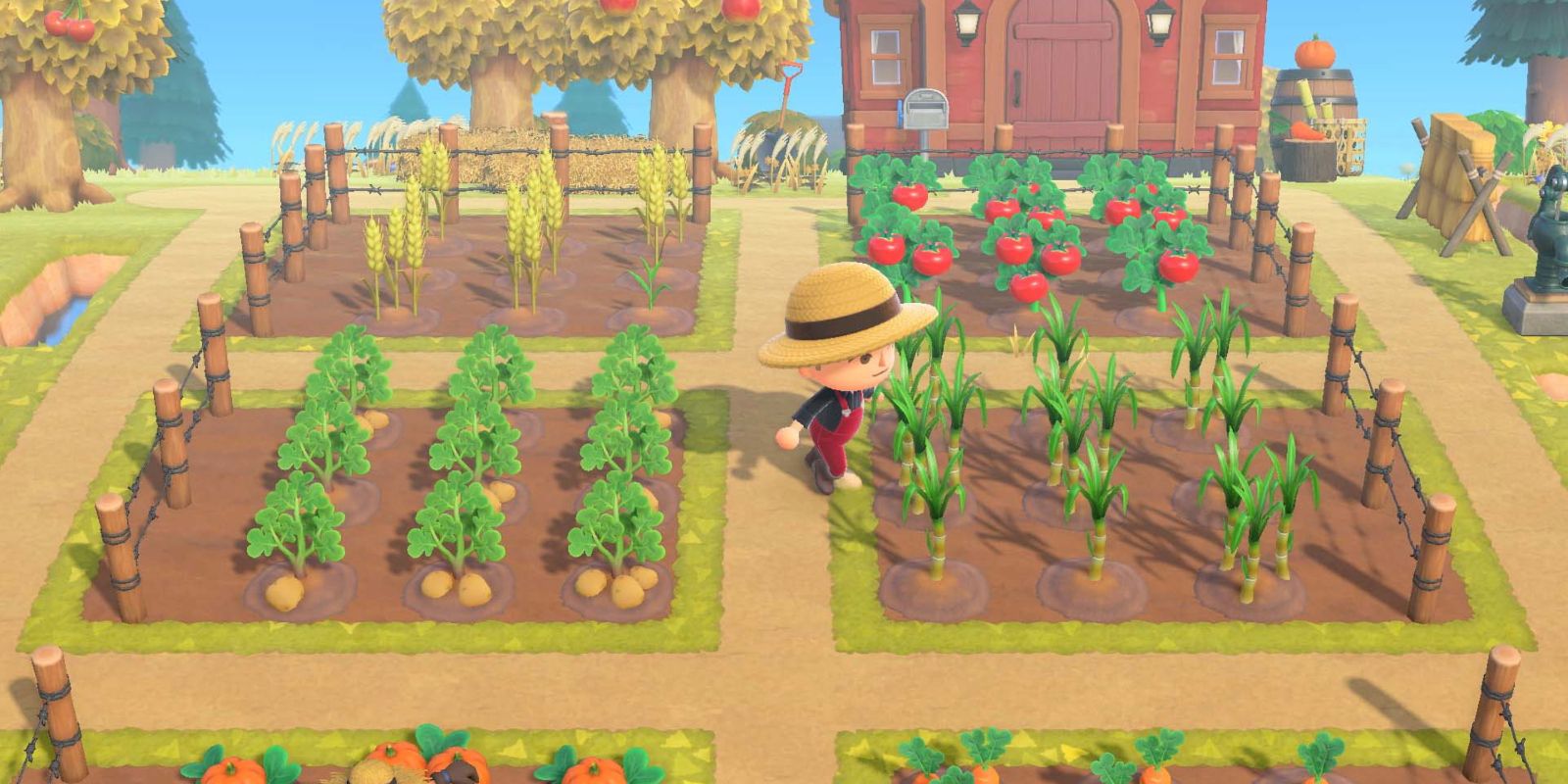 A player runs through their farm area in Animal Crossing New Horizons
