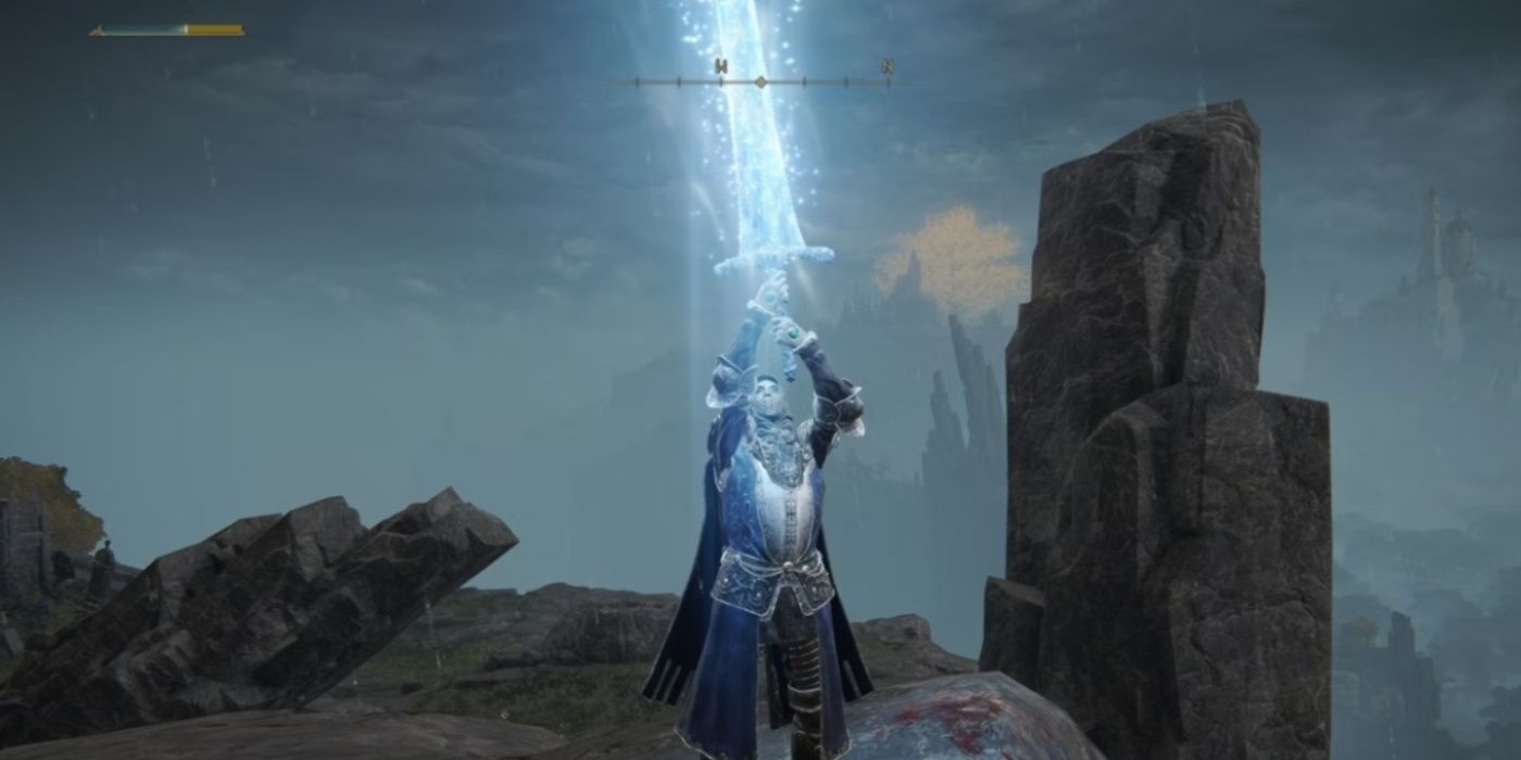 Elden Ring player holding the Dark Moon Greatsword above their head