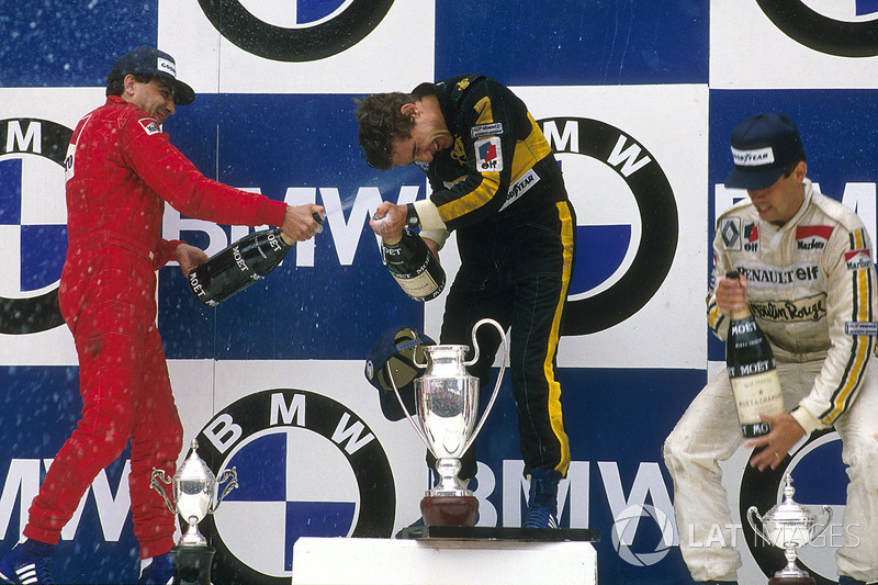 Race winner Ayrton Senna, Lotus, second place Michele Alboreto, Ferrari, third place Patrick Tambay, Renault 