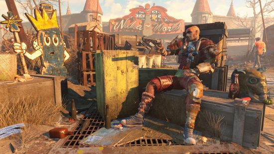 A Raider sits on a makeshift bench, aiming a pistol to the left. Nuka World is in the background.
