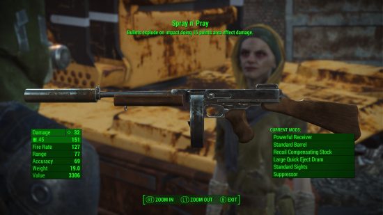  The best Fallout 4 weapons: A Close up of the Spray n’ Pray SMG in the inspect menu. Cricket is seen in the background.