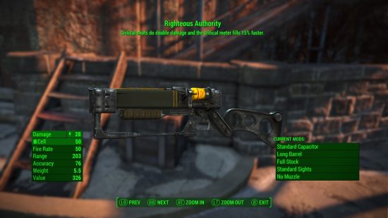 A close up of the Righteous Authority laser rifle in the inspect menu.