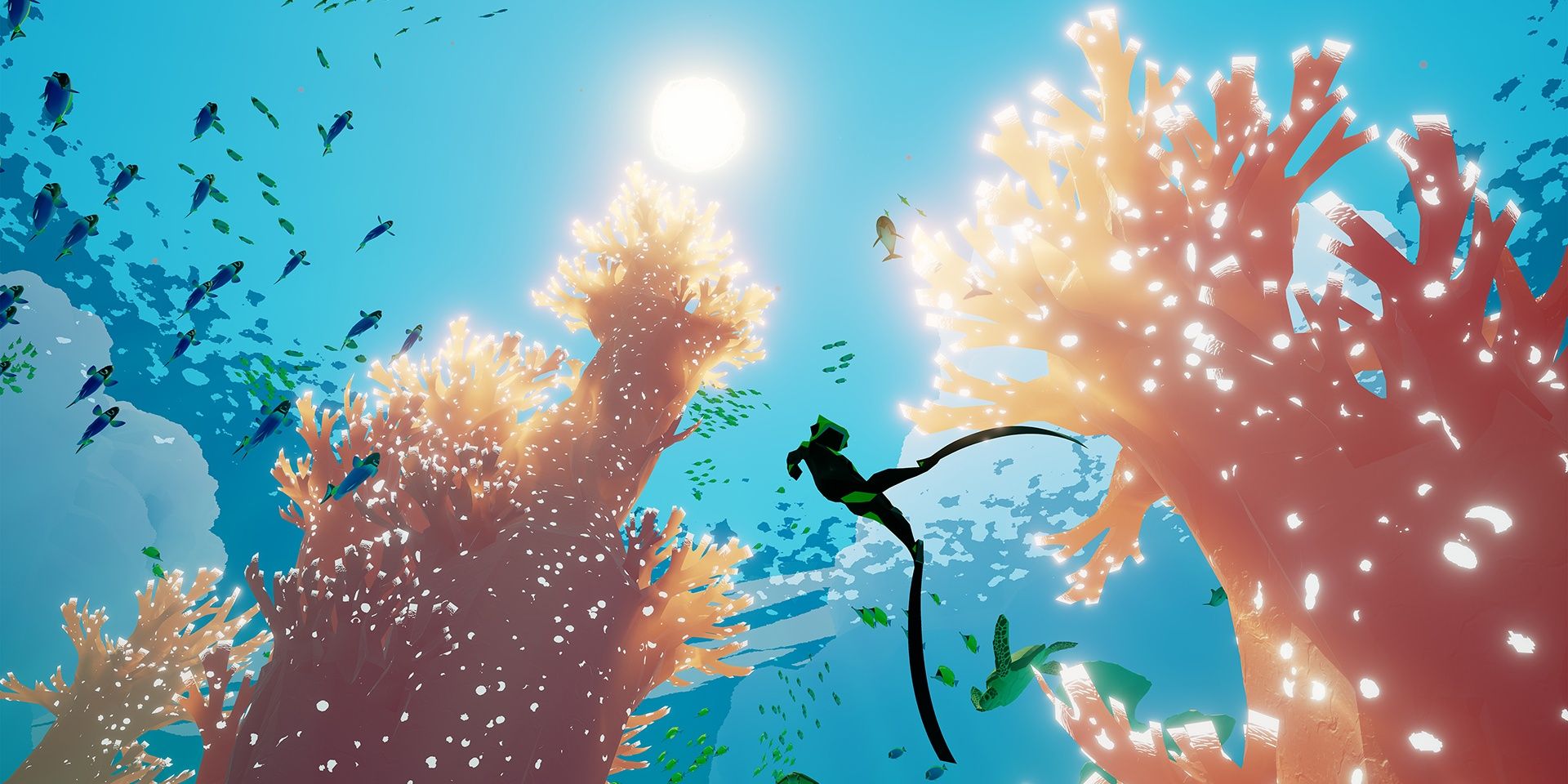 The diver in Abzu swimming upwards towards the surface while fish and turtles swim in the background