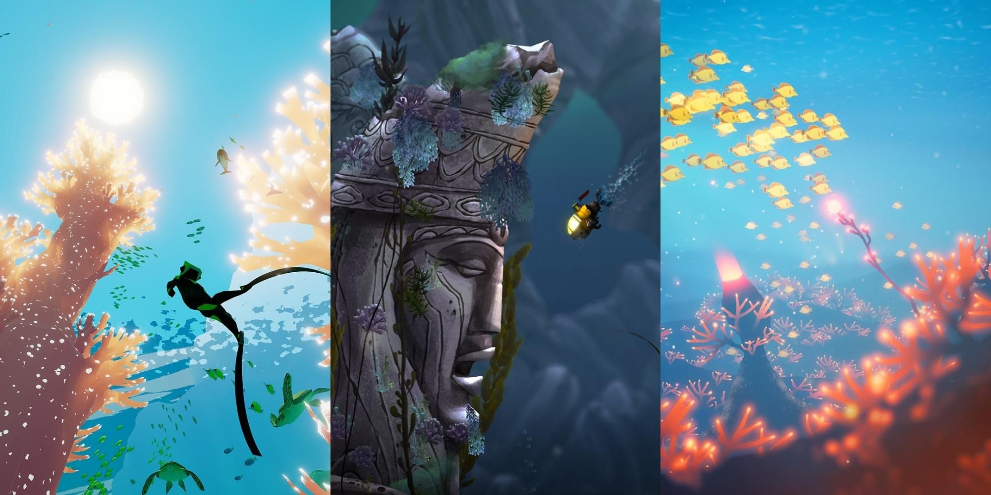 diver in abzu, ruins in Song Of The Deep, korals in Koral