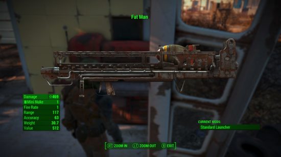 A close up of the Fat Man, one of the best Fallout 4 weapons, in the inspect menu