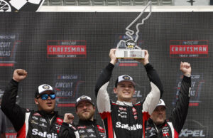 AUSTIN, TEXAS - MARCH 23: Corey Heim, driver of the #11 Safelite Toyota, celebrates in victory lane after winning the NASCAR Craftsman Truck Series XPEL 225 at Circuit of The Americas on March 23, 2024 in Austin, Texas. (Photo by Sean Gardner/Getty Images)