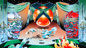 Xbox sphere styled in recognition of Asian and Pacific Islander Heritage month featuring water, fire, and two characters from the Ramayana, Sukhrip and Madchanu on a stage with embroidered curtains.
